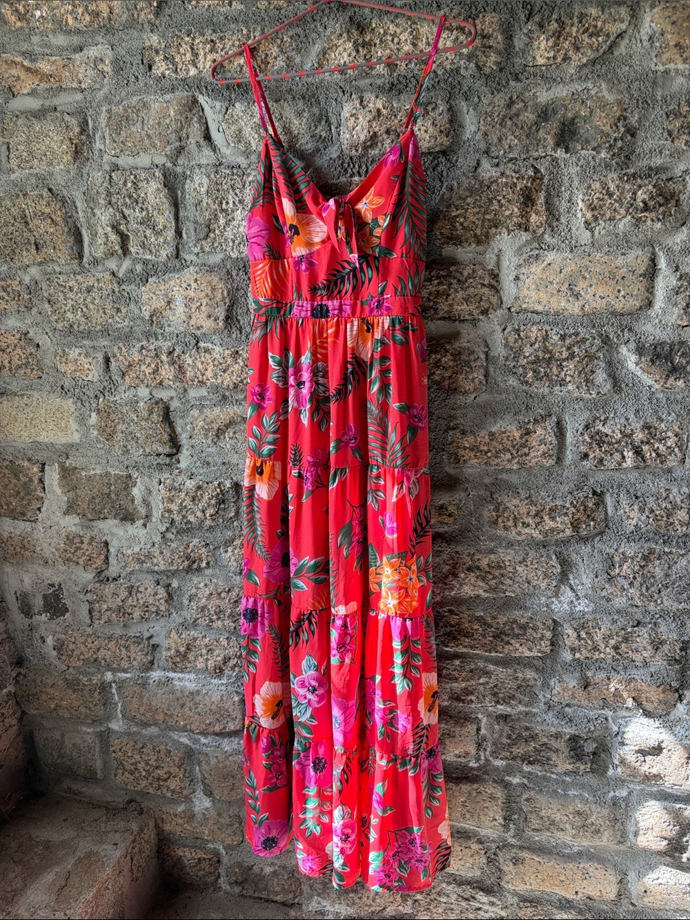 Mi Ami Floral Red Maxi Dress with Spaghetti Straps